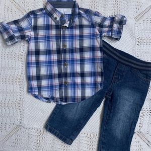 Koala Kid Plaid Button Down Shirt with Jeans Outfit Set